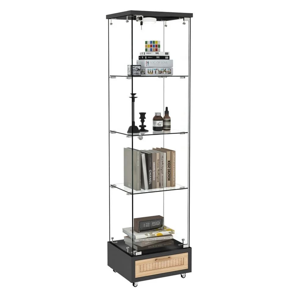 BBWL Glasvitrine mit LED, Schubladen & Rollen, 167 cm, Weiß/Schwarz