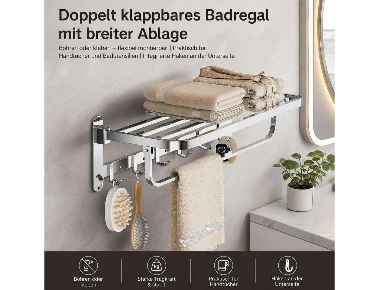 BBG Klappbarer Handtuchhalter Edelstahl mit Ablage und 6 Haken