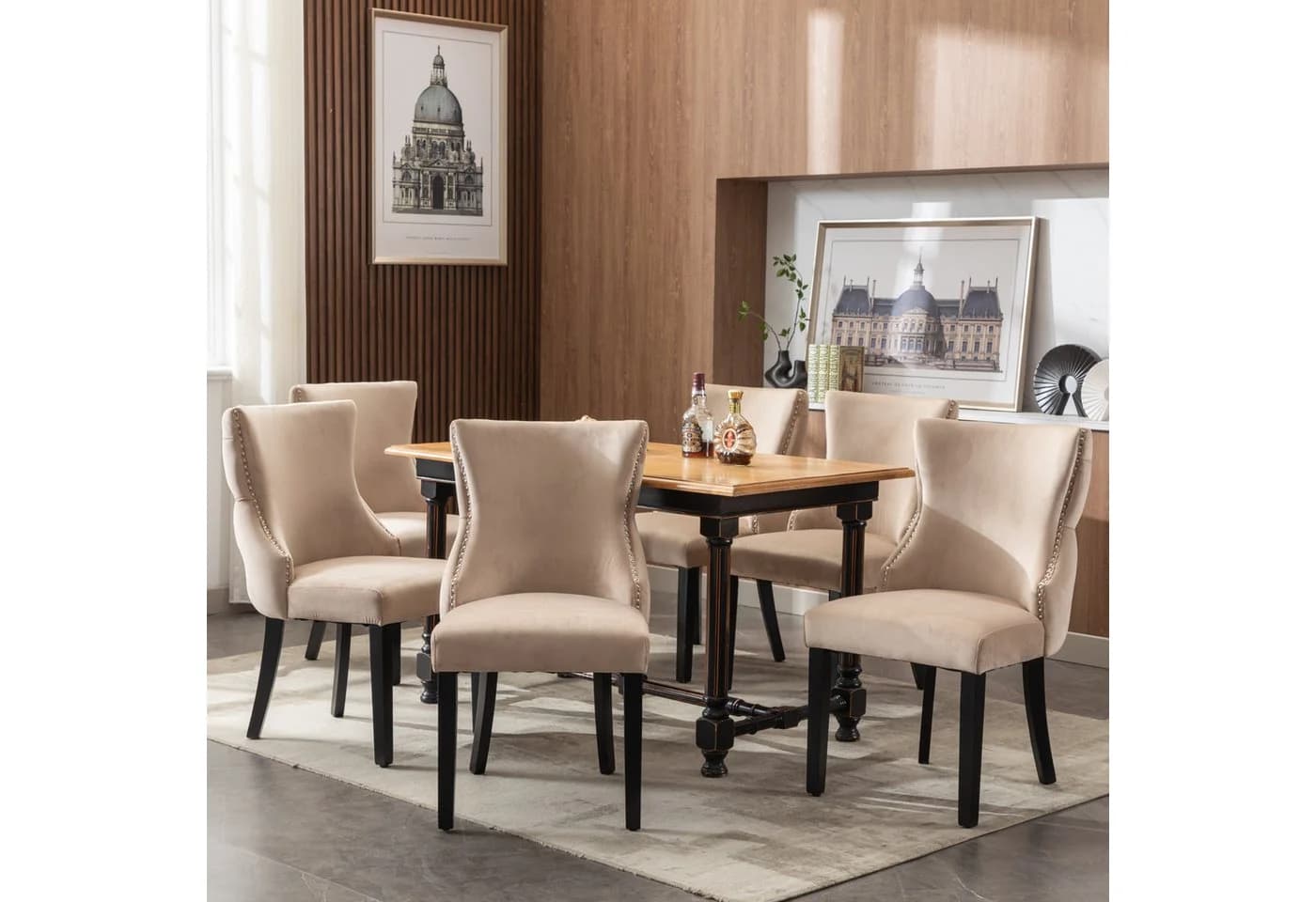 OKWISH Samt Esszimmerstuhl 6er Set Beige Massivholz