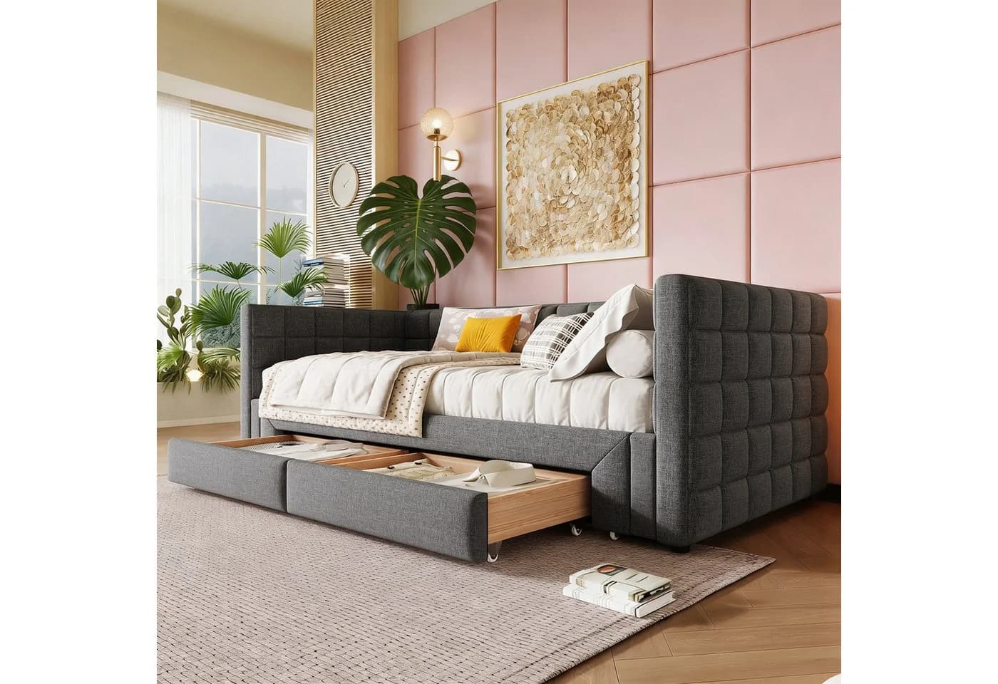 OKWISH Daybett Samt Beige/Grau mit Schubladen und Lattenrost