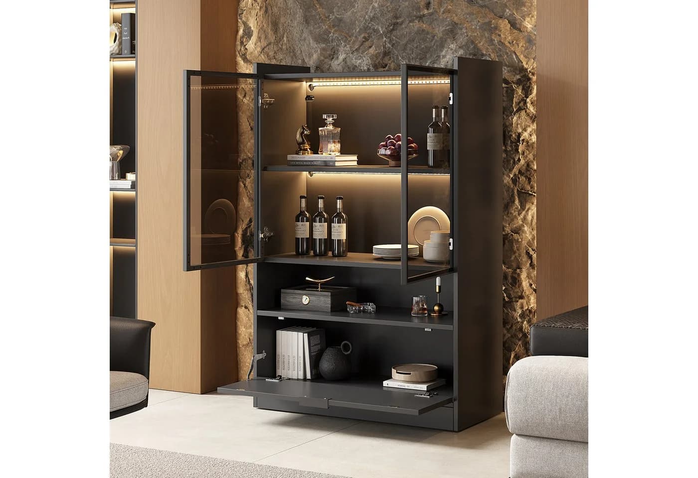 MODFU Vitrine mit LED-Beleuchtung 16 Farben Schwarz Glas
