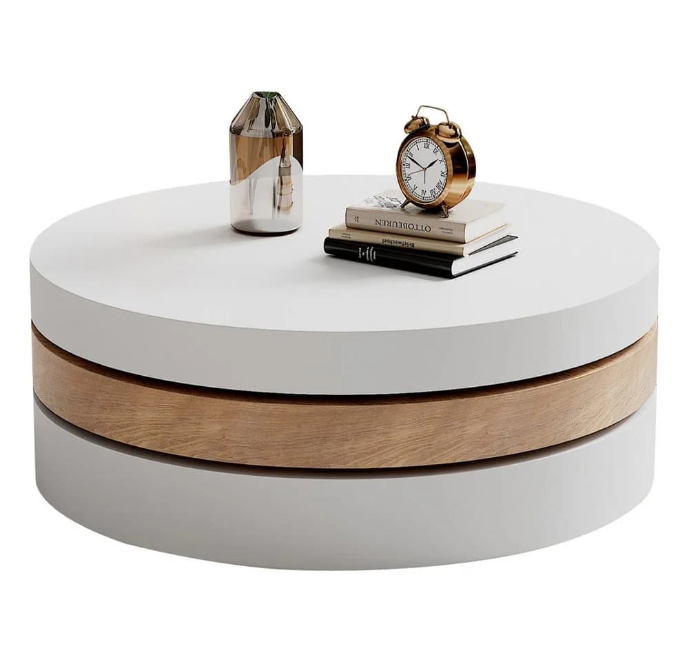 BBWL Couchtisch 360° drehbar mit Stauraum, MDF, Weiß/Natur