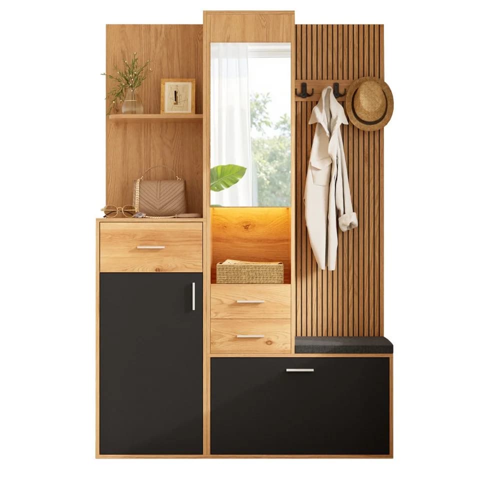 BBWL Kompaktgarderobe mit LED, Spiegel & Sitzbank