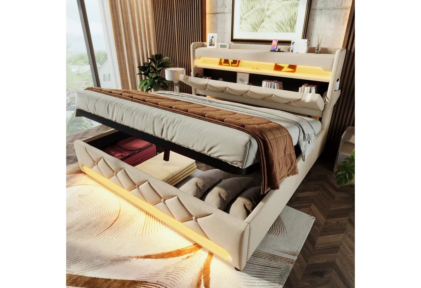 REDOM Polsterbett Modern mit LED, USB & Stauraum Beige 180x200
