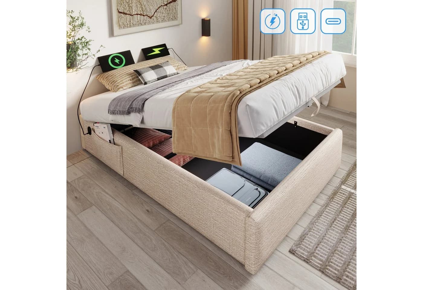 REDOM Polsterbett 90x200 cm mit Bettkasten, USB-Anschluss & Lattenrost