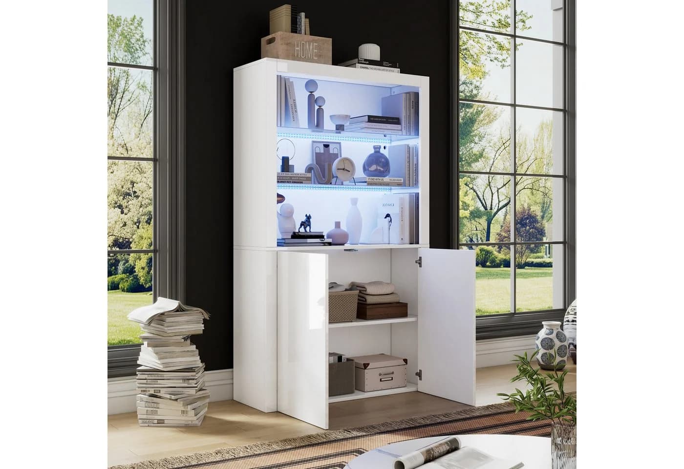 OKWISH Vitrine Hochglanz-Aufbewahrungsschrank LED-Beleuchtung