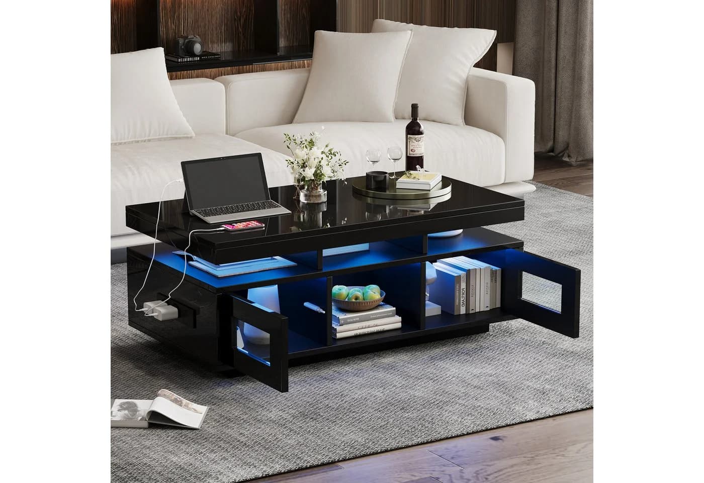 OKWISH Couchtisch Hochglanz-Sofatisch mit LED-Beleuchtung