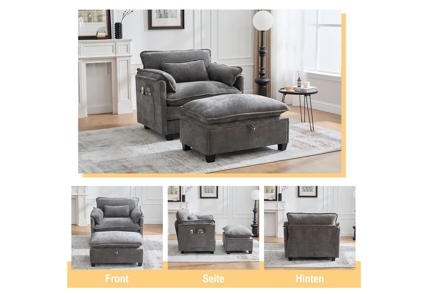 MODFU Loungesessel Chenille Grau mit Hocker & Stauraum