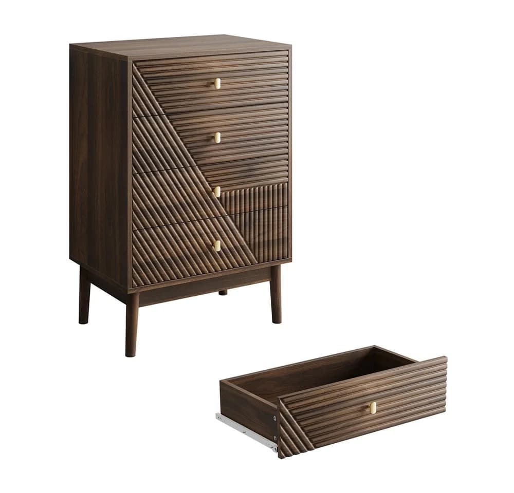 OKWISH Kommode 4 Schubladen Mid-Century Walnuss
