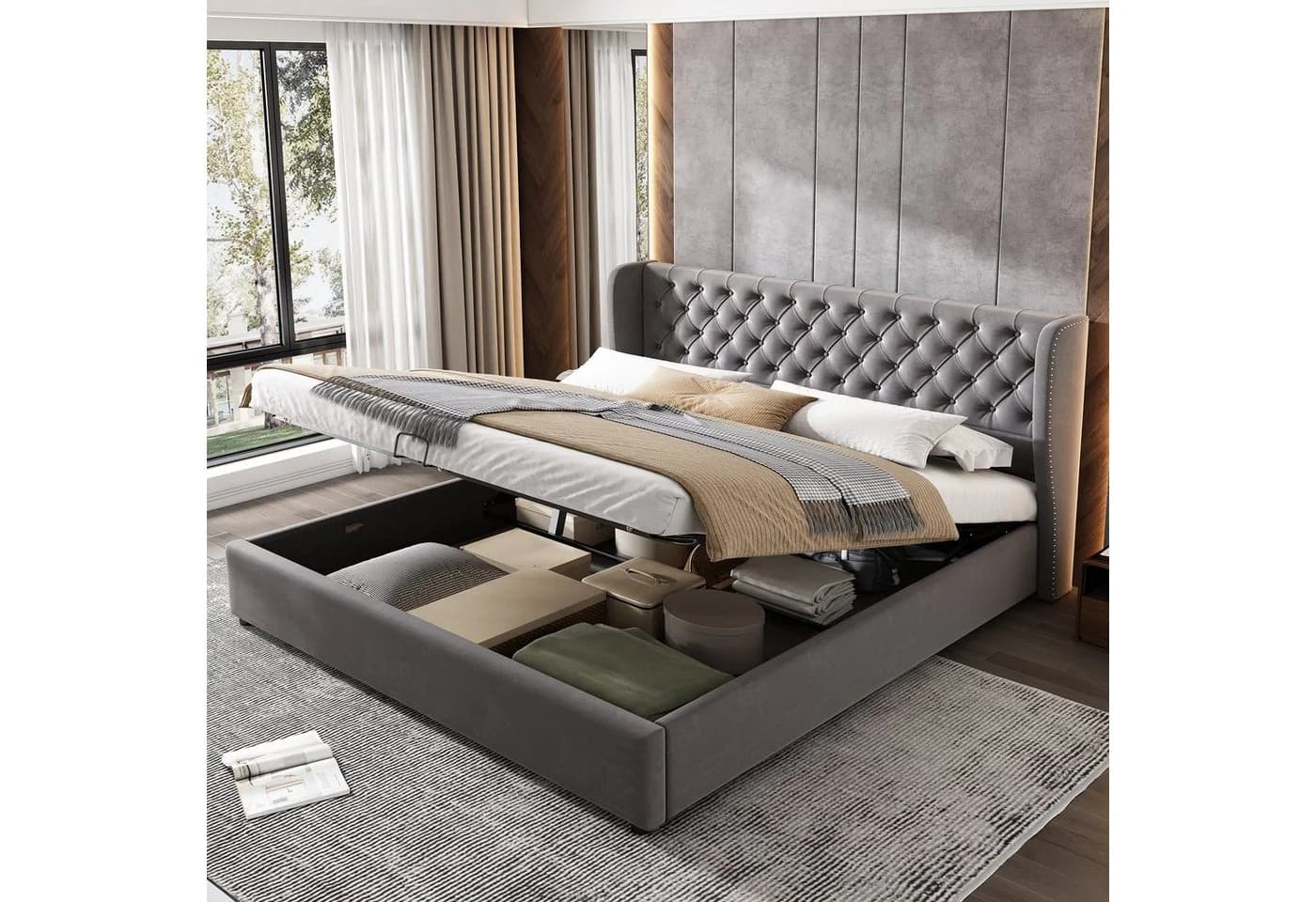 MODFU Polsterbett 160x200 cm mit Bettkasten und Matratze Grau