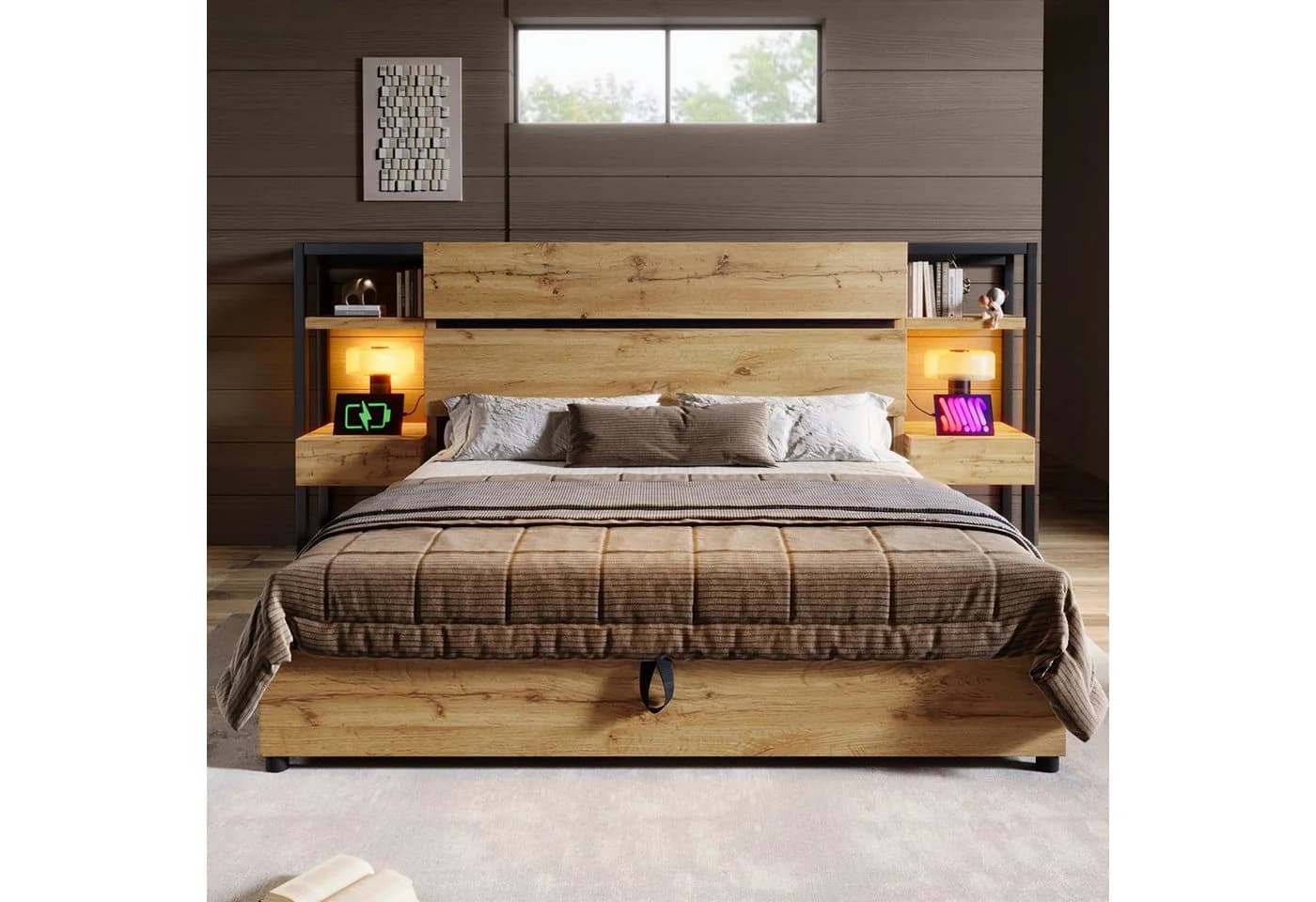MODFU Holzbett mit Schubladen und Stauraum Doppelbett 180x200cm USB&Type-C Ladeanschluss