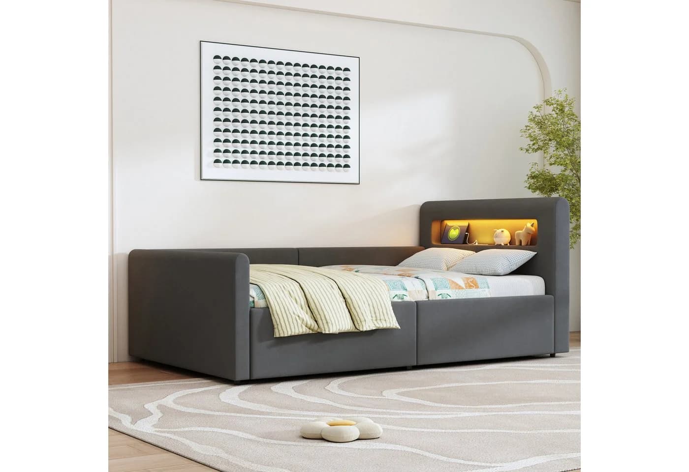 STILVORA Polsterbett 90x200 mit LED, Stauraum & USB Dunkelgrau Samt