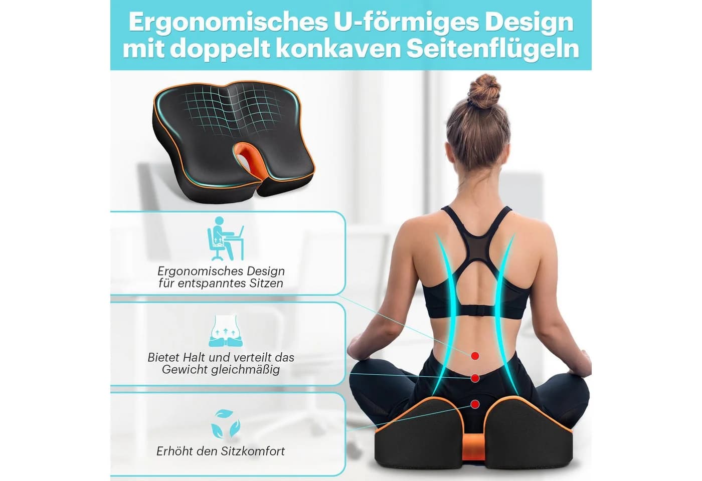 POPOLIC Ergonomisches Sitzkissen Orange/Schwarz Memory-Schaum