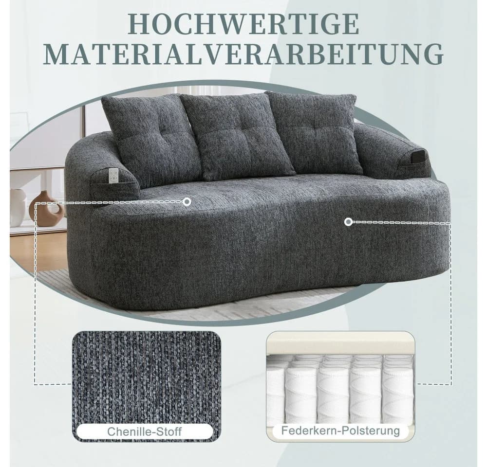 BBWL Zweisitzer Sofa Chenille Grau mit Kissen