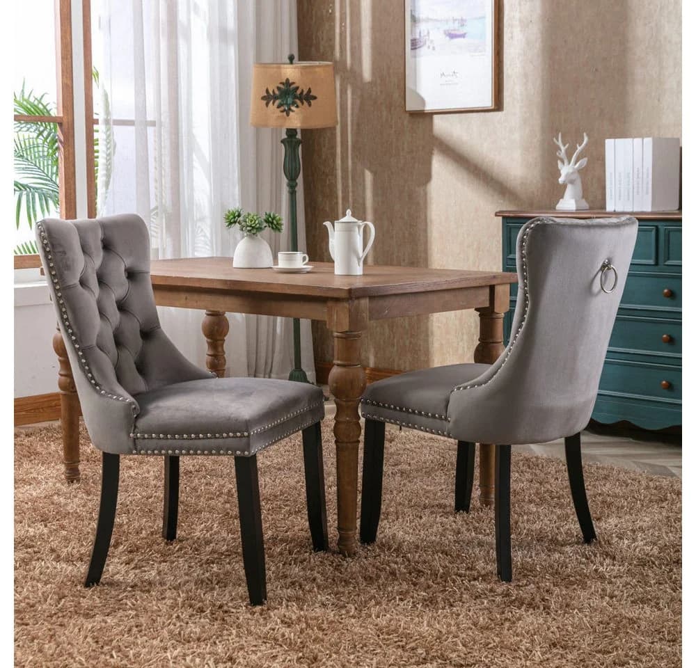 BBG Esszimmerstuhl 2er Set Samt Chesterfield Grau Schwarz Massivholz