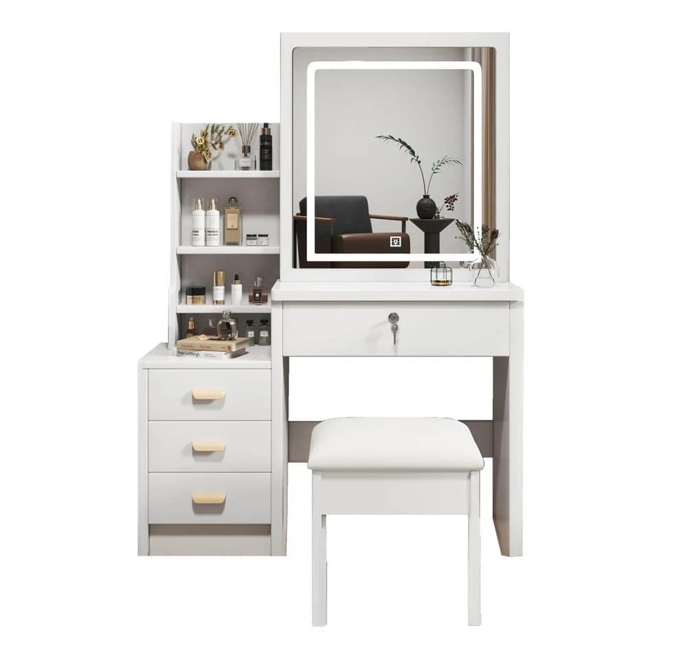 Schminktisch mit Spiegel und Hocker - Weiß - Modern