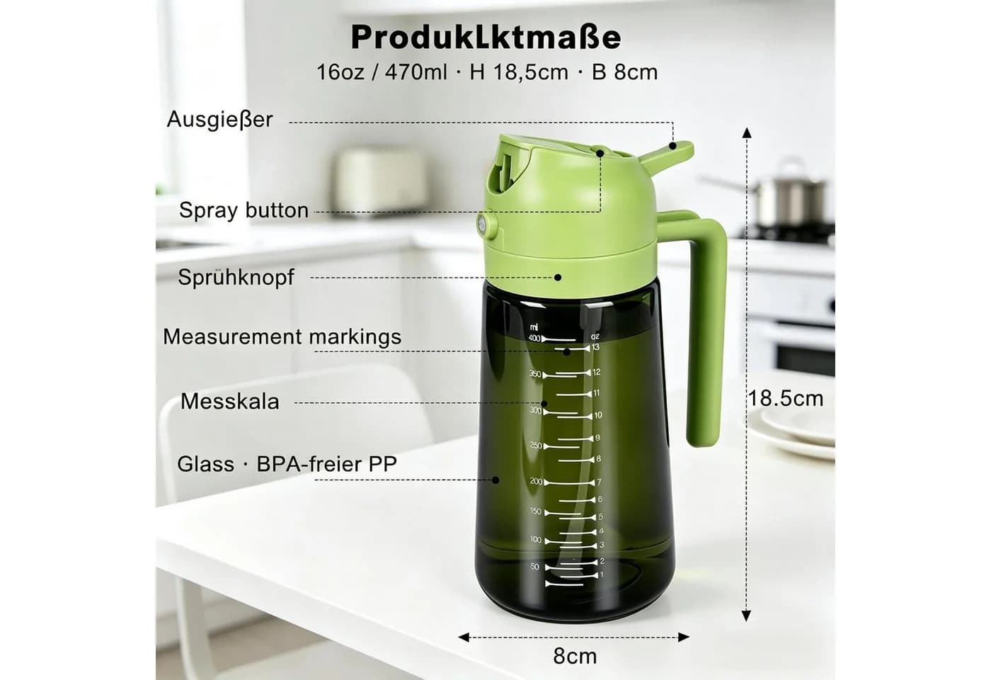 Kityhome Ölspender 2-in-1 Sprüher & Gießfunktion 470ml Glas Grün