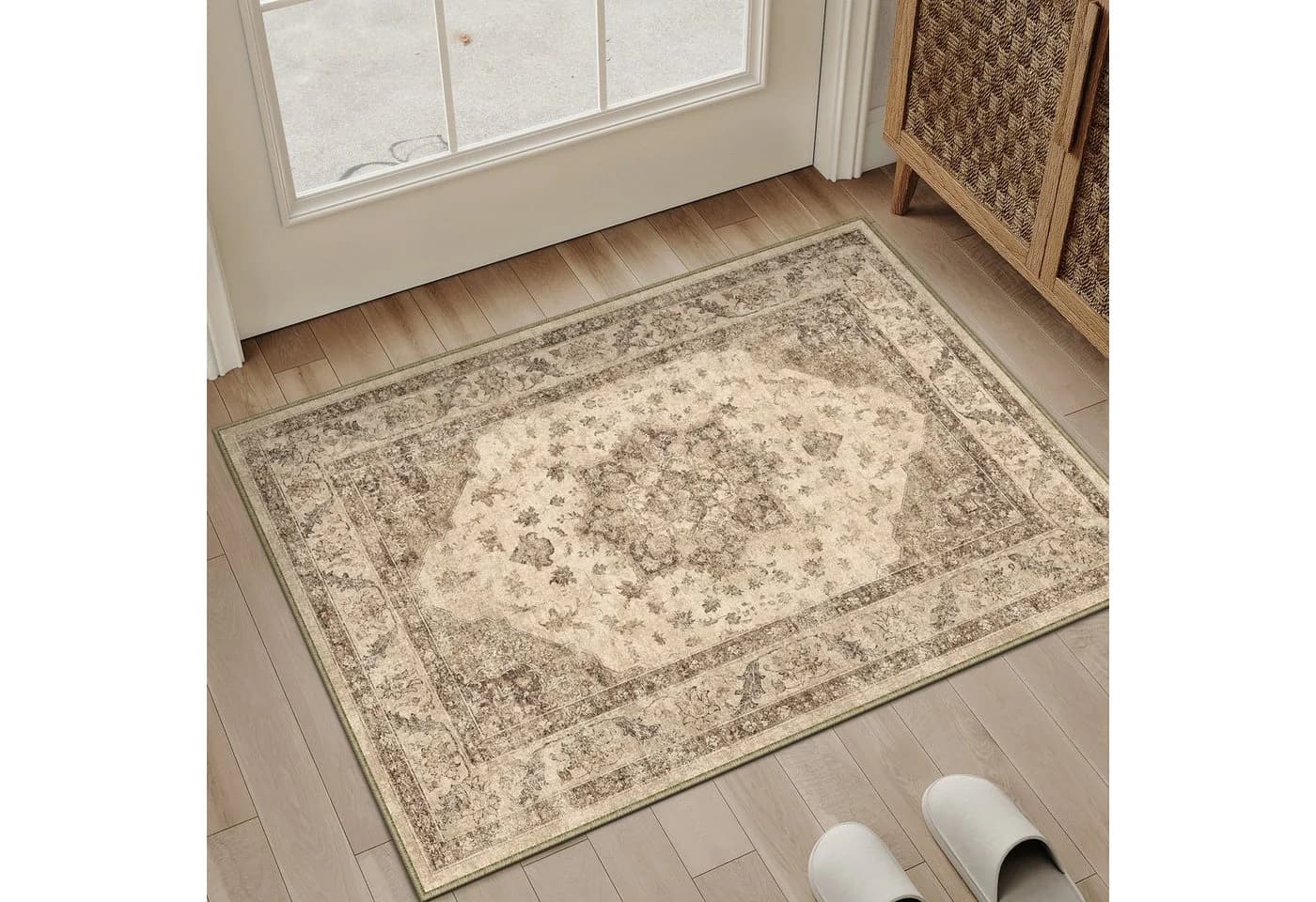 PURECOZY Teppich Retro-Design Kurzflor Beige Grau Braun