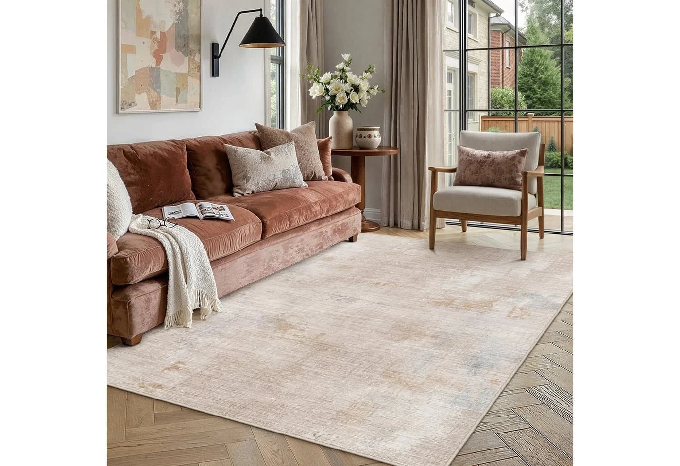 PURECOZY Teppich Beige Abstrakt Kurzflor