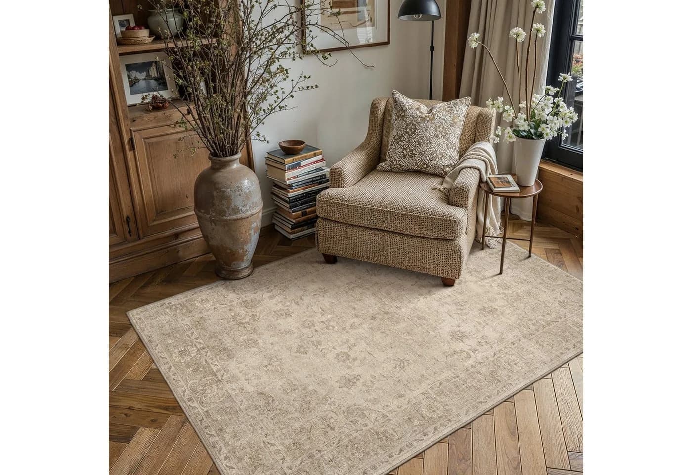 PURECOZY Vintage Boho Teppich Kurzflor Beige Rostrot