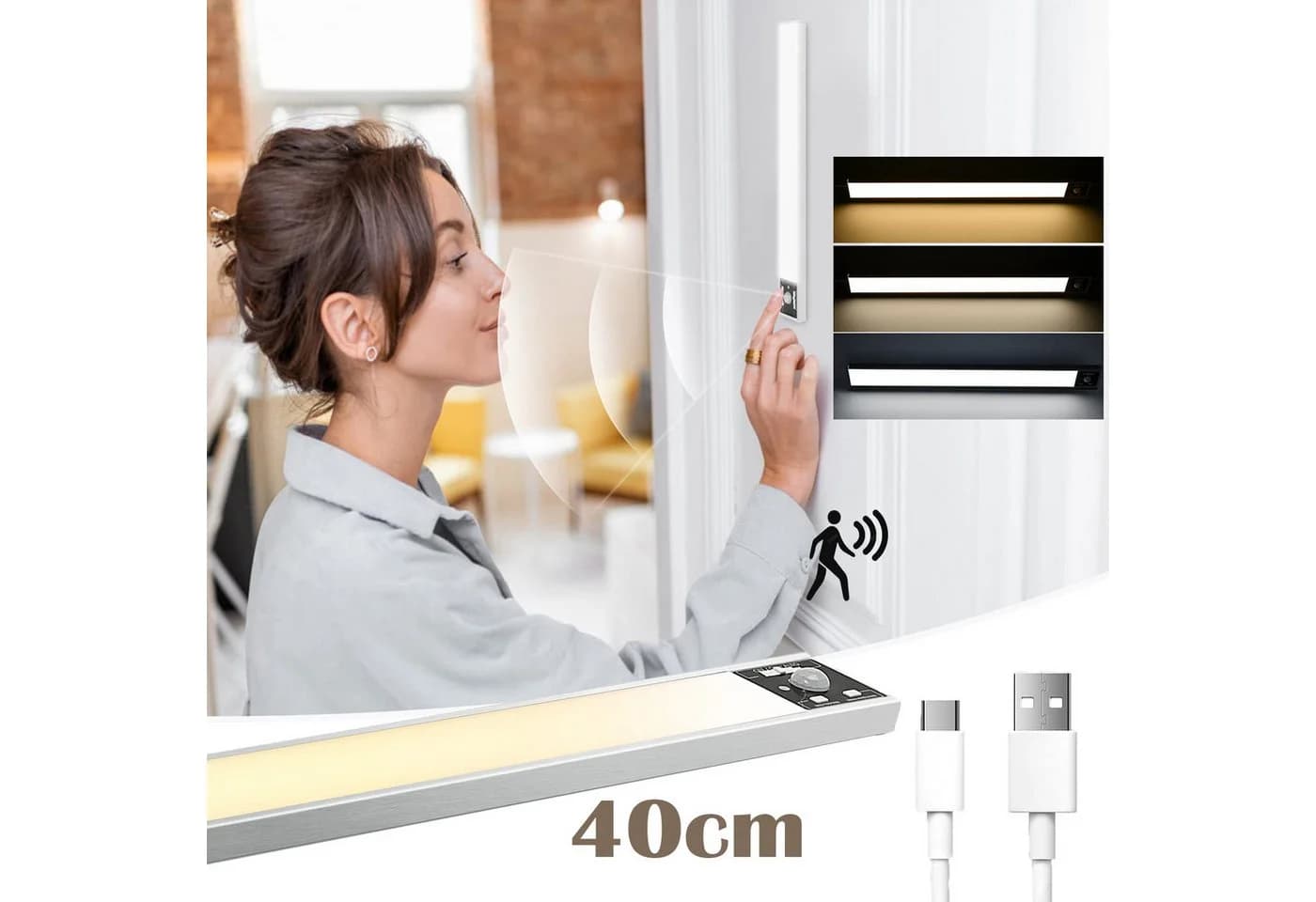 MUPOO LED Lichtleiste mit Bewegungsmelder, USB-C, Magnetisch, 3 Farbtemperaturen