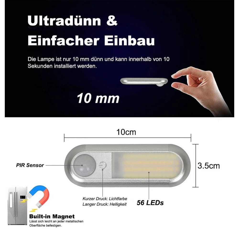 Sunicol LED Schrankleuchte Silber mit Bewegungsmelder & Dimmfunktion