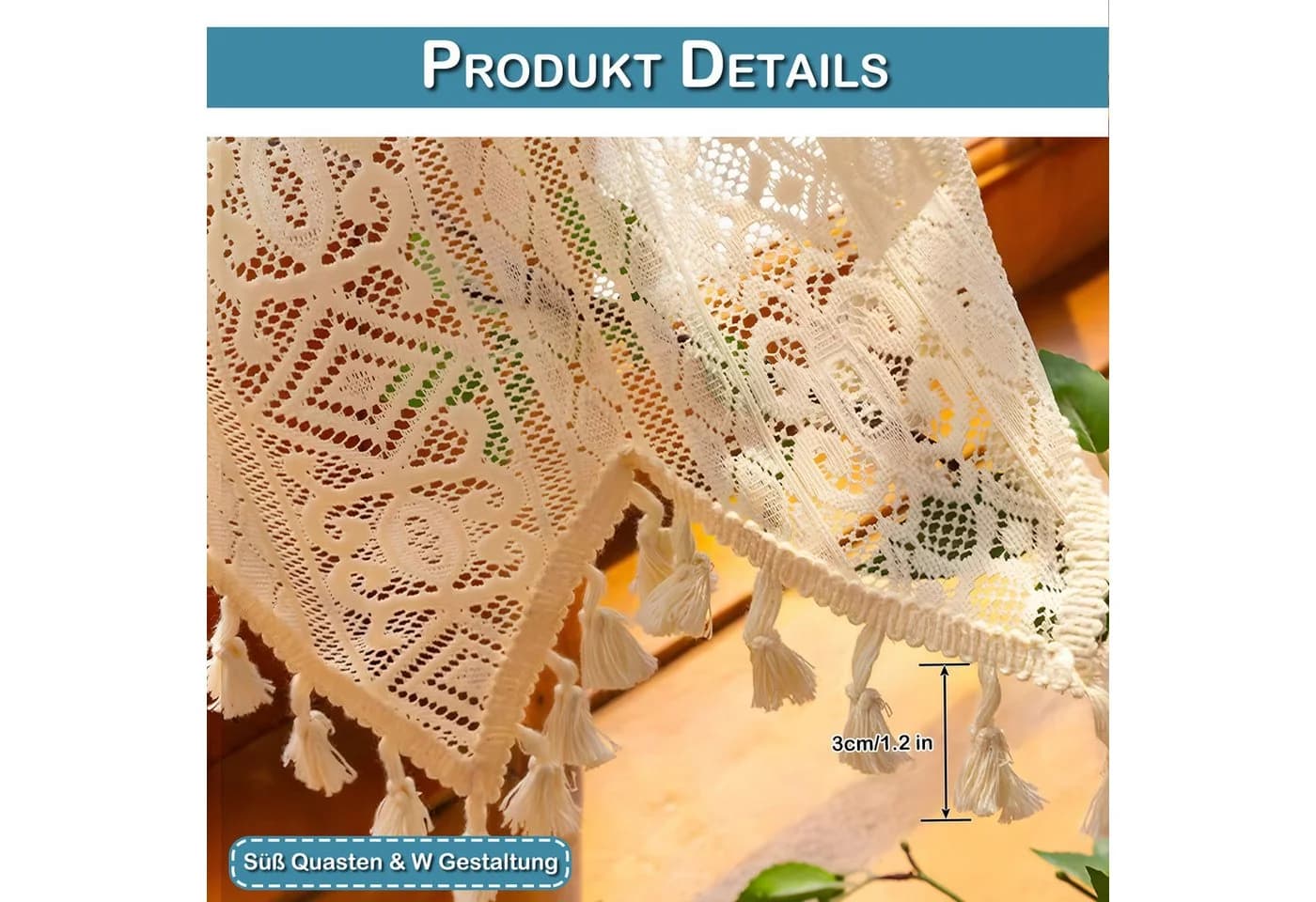 Sunicol Scheibengardine Vintage Quasten Boho Creme Polyester