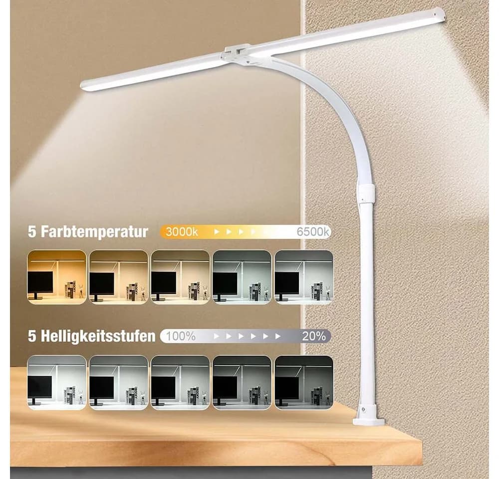 Sunicol LED Schreibtischlampe Doppelkopf klemmbar, Dimmbar, 3000K-6500K, Flexibler Schwanenhals, 24W