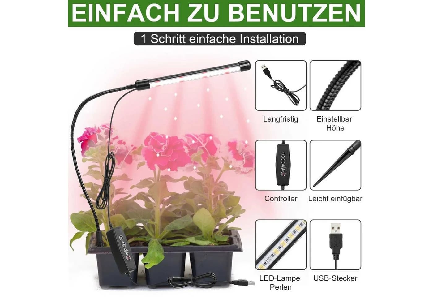 Rosnek Dimmbare Pflanzenlampe mit 360° Schwanzhals & Timer, 48 LEDs, USB