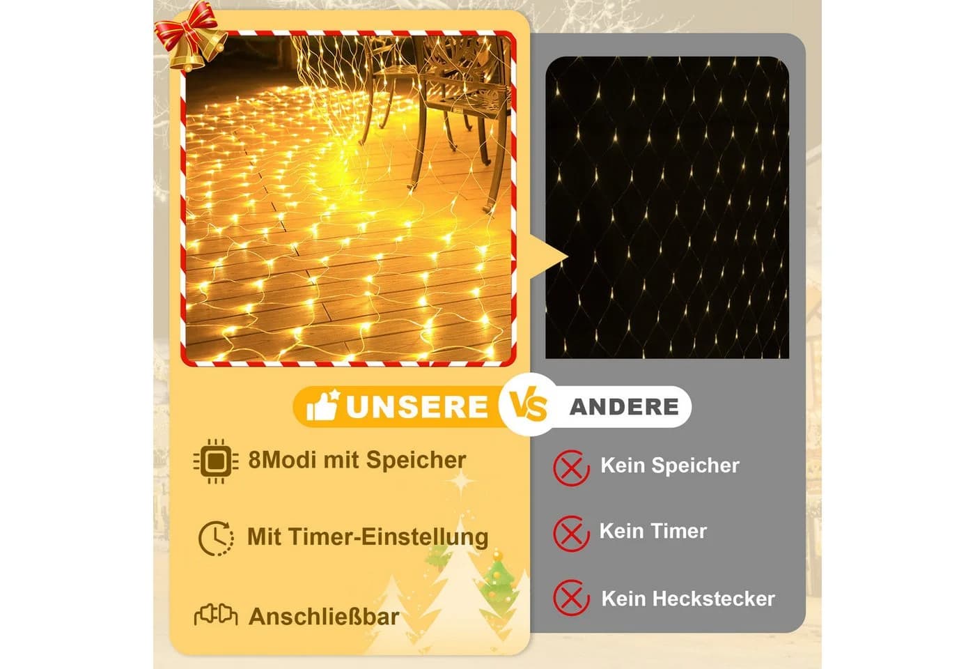 Rosnek LED-Lichternetz 31V 8 Modi Lichterkette Außen Timer
