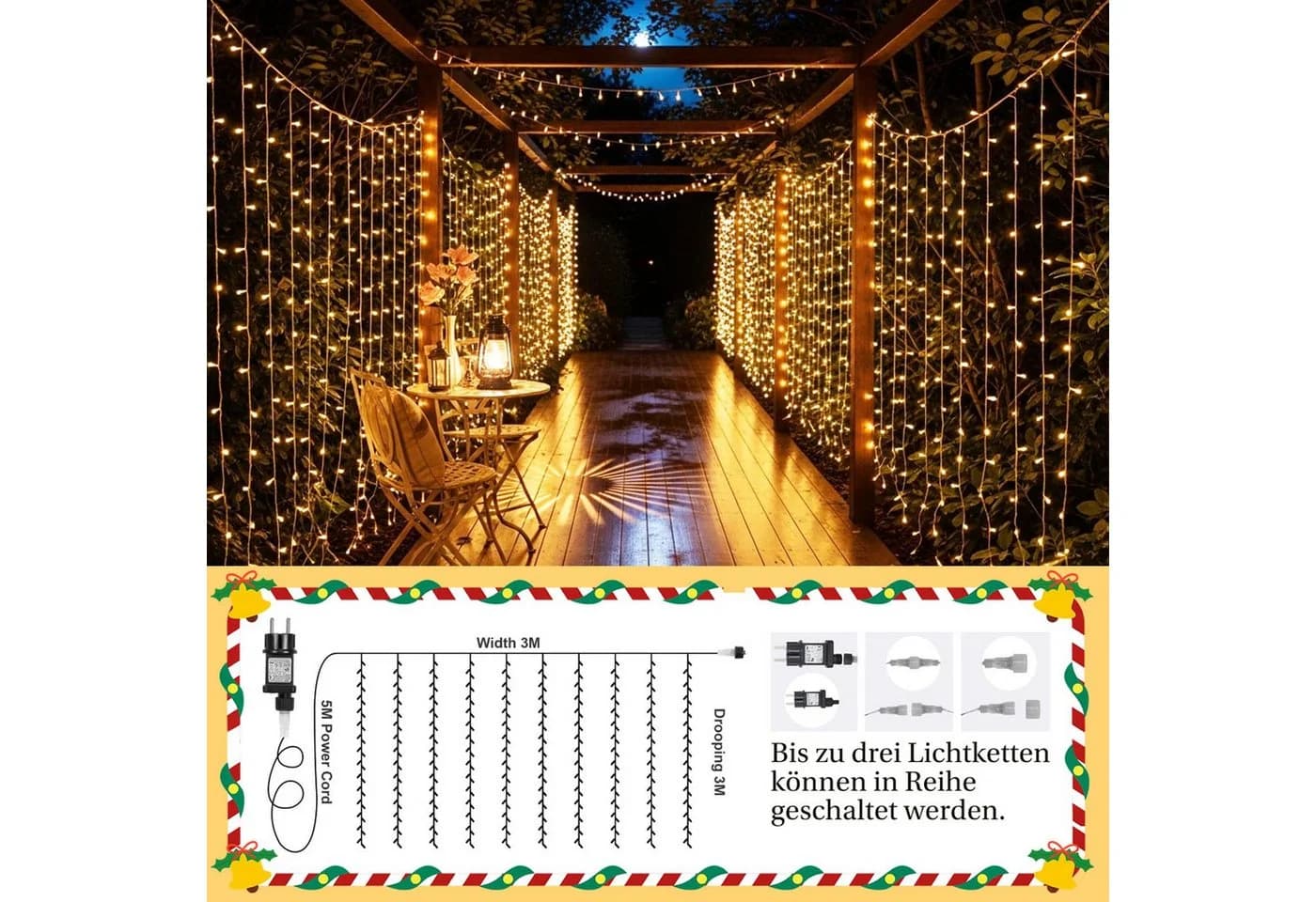 Rosnek LED-Lichterkette 3x3M, 10 Stränge, Warmweiß, 300 LEDs, 8 Modi, Timer