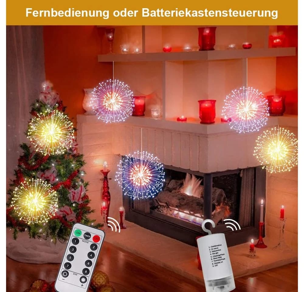 Rosnek LED-Lichterkette Feuerwerk, 198 LEDs, Timer, Fernbedienung, Kupferdraht, Batterie