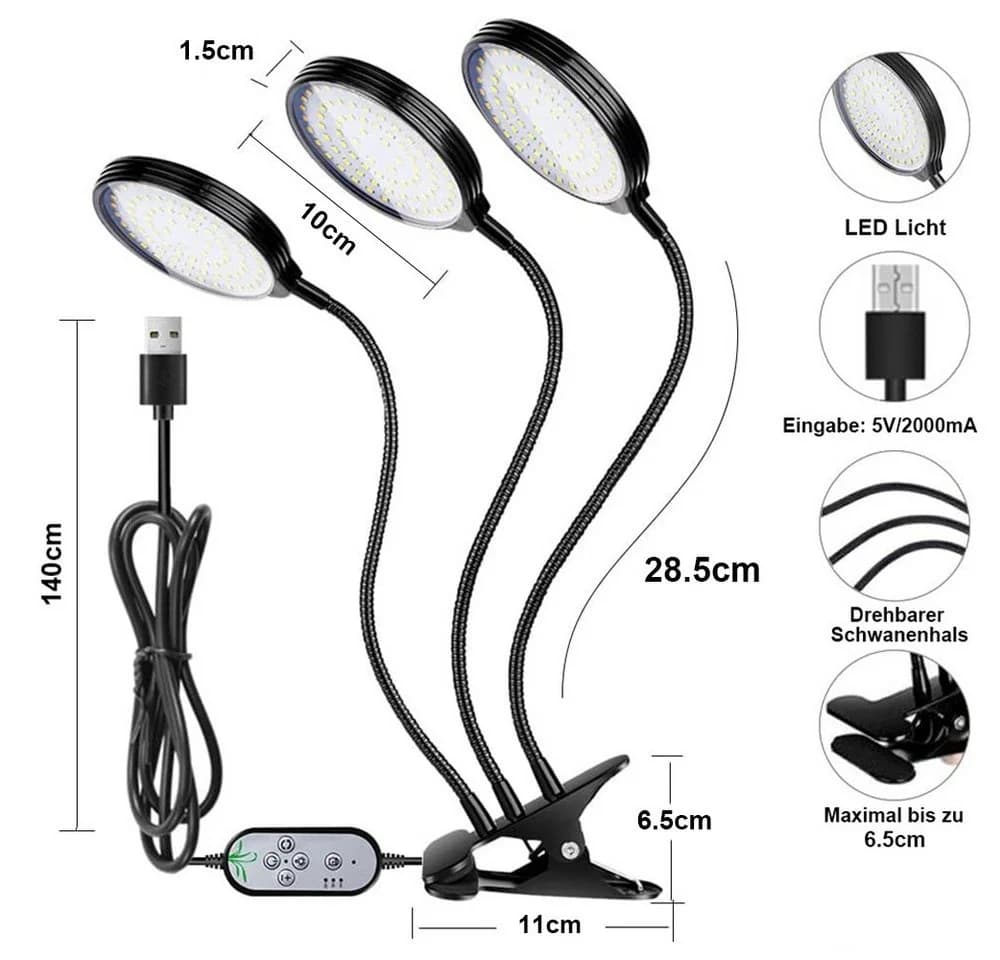 Rosnek Pflanzenlampe 1/2/3/4 Köpfe, dimmbar, USB-5V, Vollspektrum-Licht