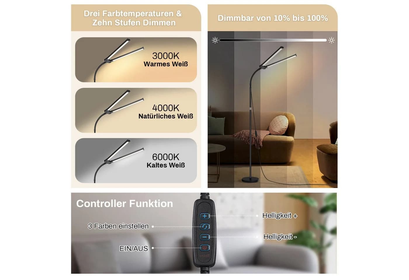 MUPOO LED Stehlampe Doppelkopf Schwarz Dimmbar 10 Stufen