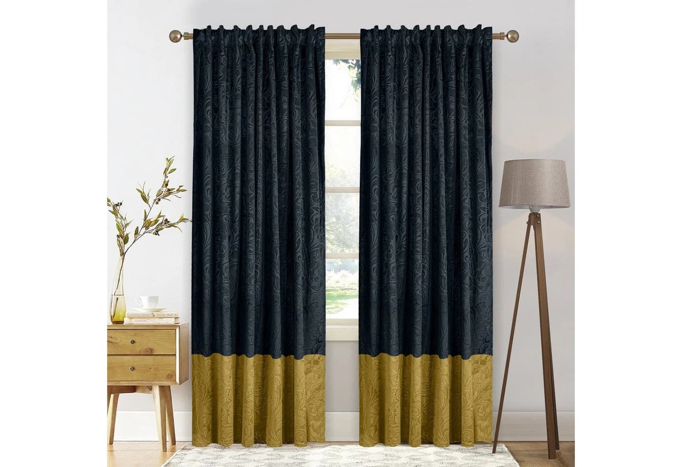 Jibenhome Samt Vorhang 2er Set Schwarz/Gold Floral Verdunkelnd
