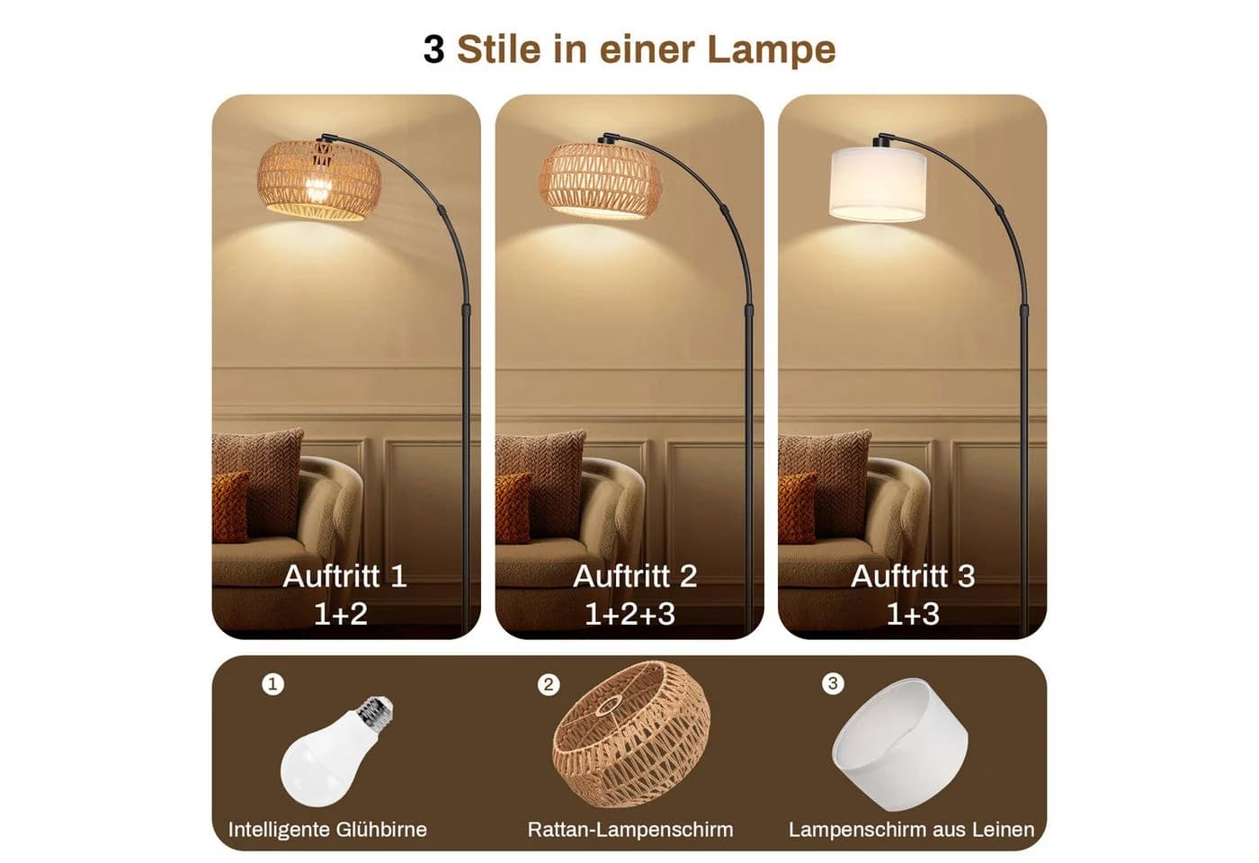 Jibenhome LED Stehlampe Rattan Boho Dimmable 183cm