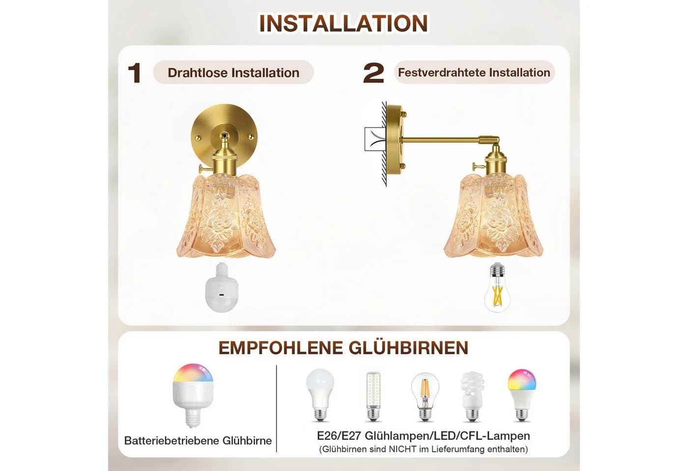 MUPOO Retro Wandleuchte Gold LED Dimmbar Fernbedienung