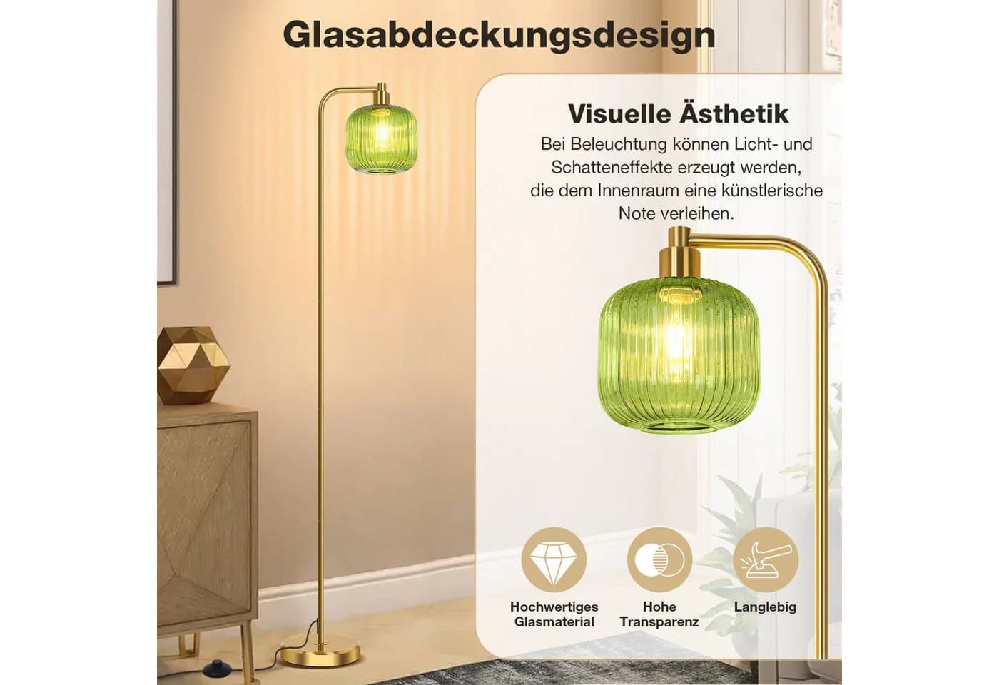 MUPOO Stehlampe Glas Kristall, Modern, LED wechselbar, Fußschalter