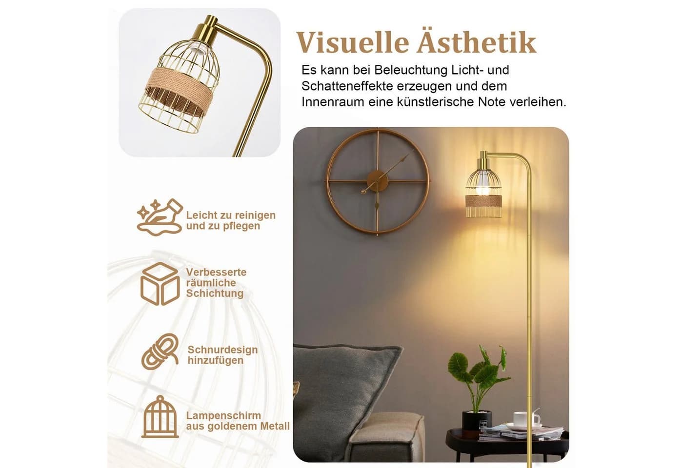 MUPOO Stehlampe Gold Dimmbar mit Fernbedienung, LED-Glühbirne, Fußschalter, E27