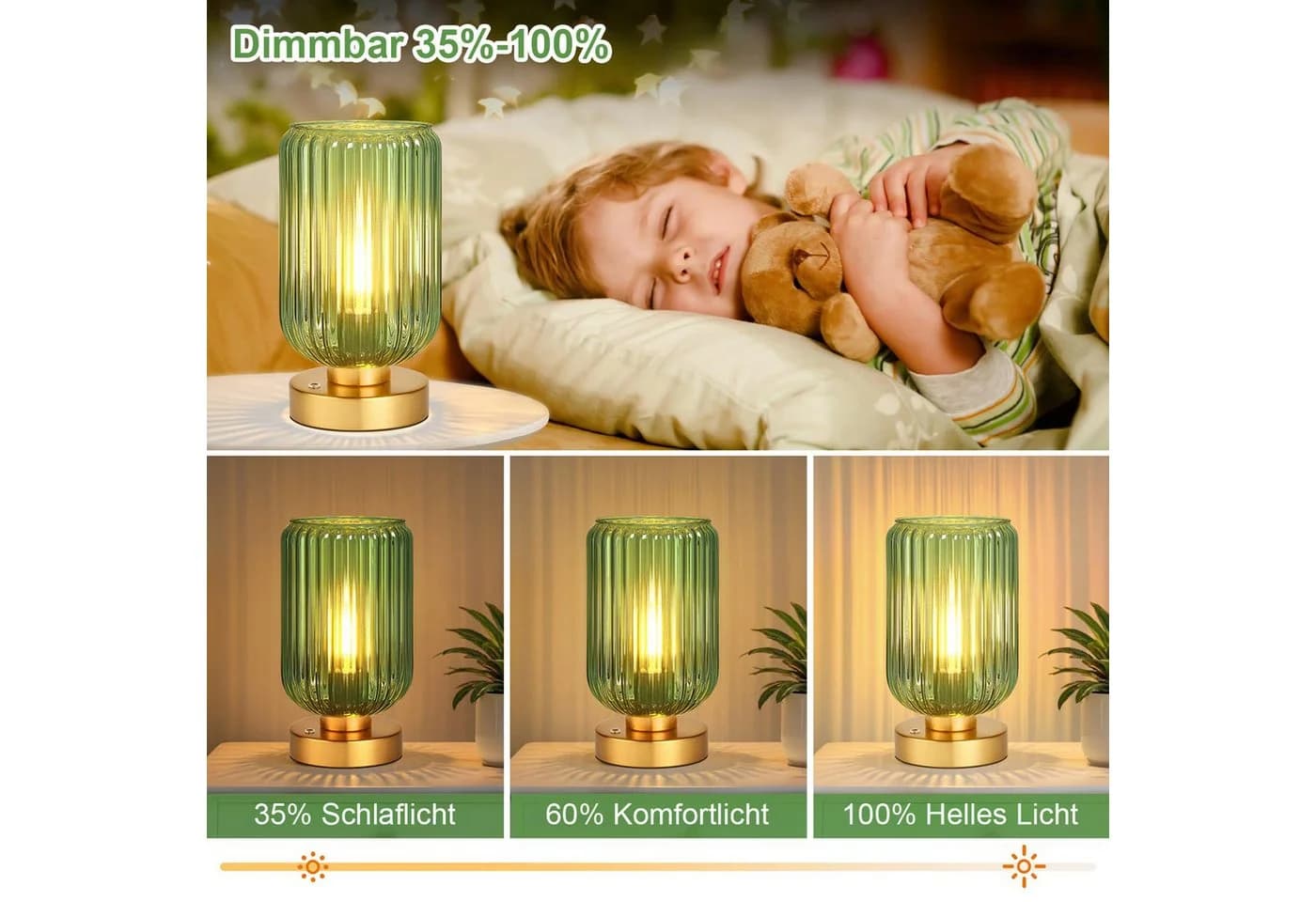 MUPOO LED Schreibtischlampe Grüne Glas Tischlampe, LED Modern Touch Tischleuchte für Schlafzimmer, LED wechselbar, Kabellos,Goldfarbene Basis Grüner Glasschirm,LED-Glühbirne inklusive