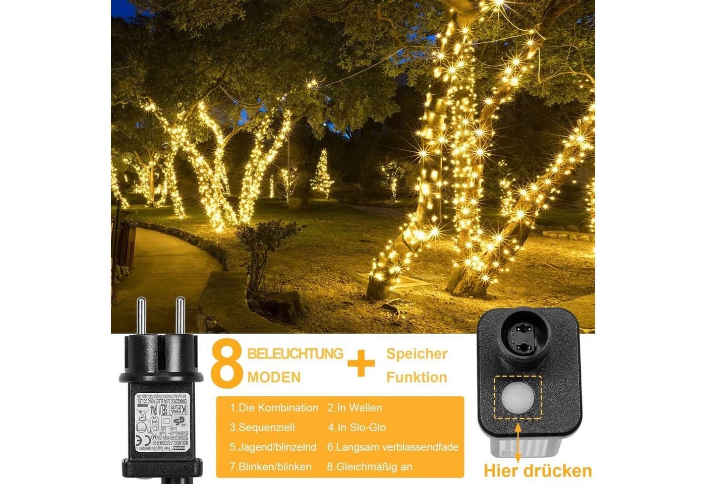 Merry 2024 LED-Lichterkette 100m Mehrfarbig 8 Modi Timer