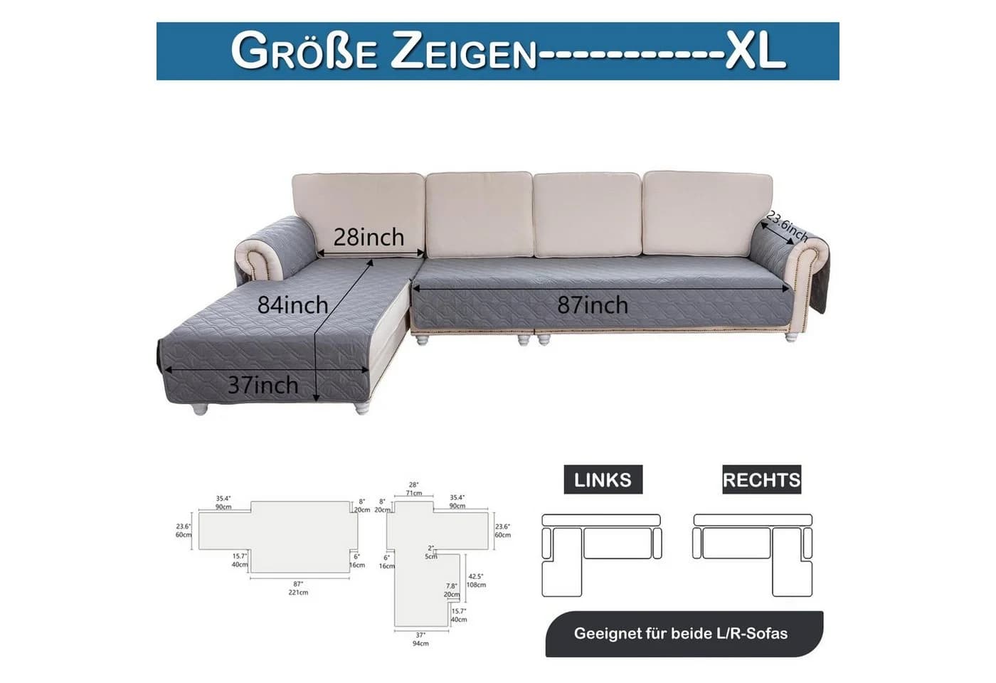 BTTO L-förmiger Sofahusse 2er Set Wasserdicht Beige Gesteppt