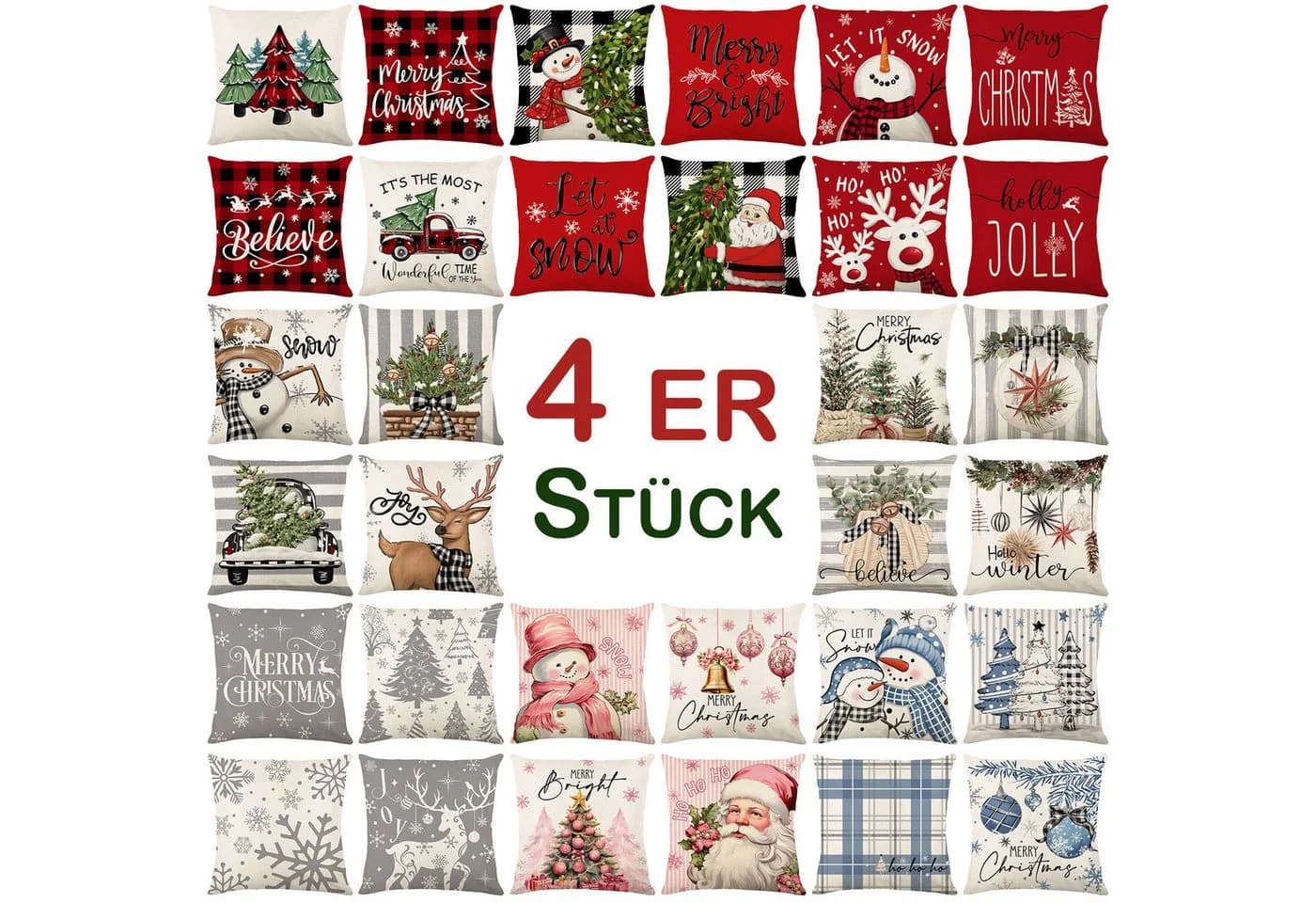 BTTO Kissenhülle Leinenmischung 4er Set Weihnachtsmotiv