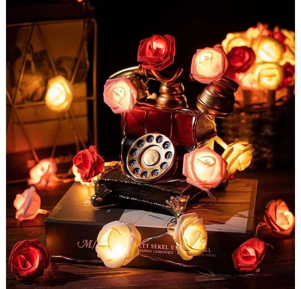 MUPOO LED-Lichterkette mit 20 Kunstblumen-Rosen, 3m, Warmweiß, Rosa/Rot/Weiß