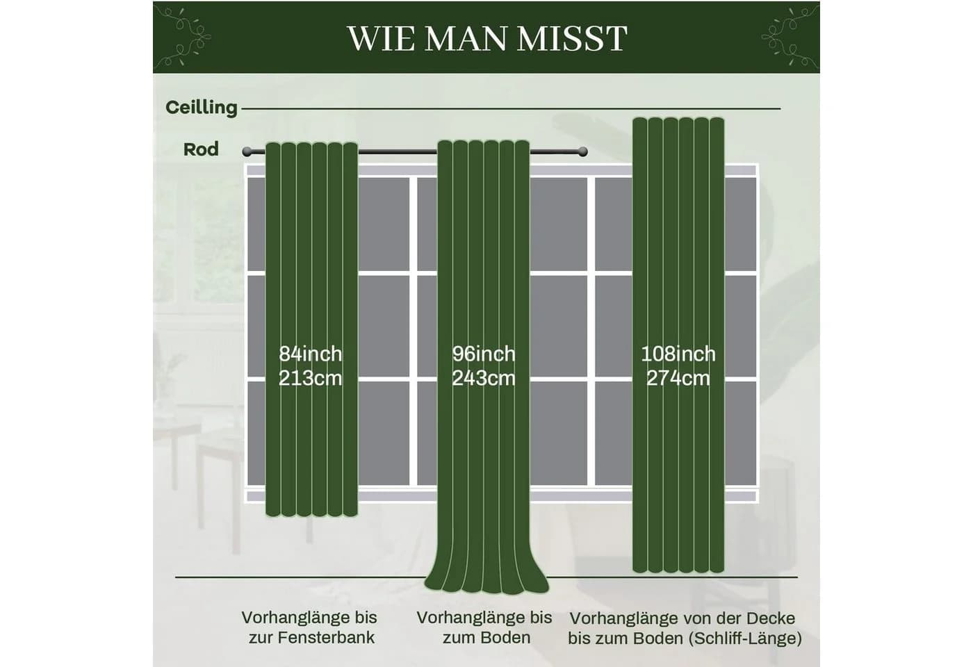 BTTO V&G Samt Verdunkelungsvorhang 2er-Set Grün Multifunktionsband