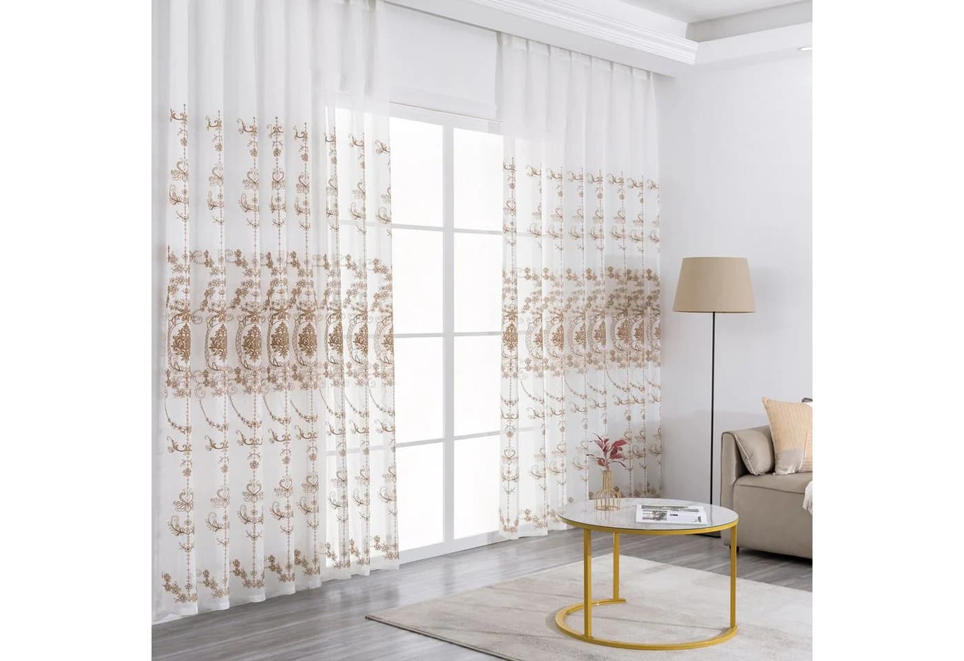 Qelus Gardine 2er Set Beige Bestickt Sheer Voile Vorhänge mit Ösen