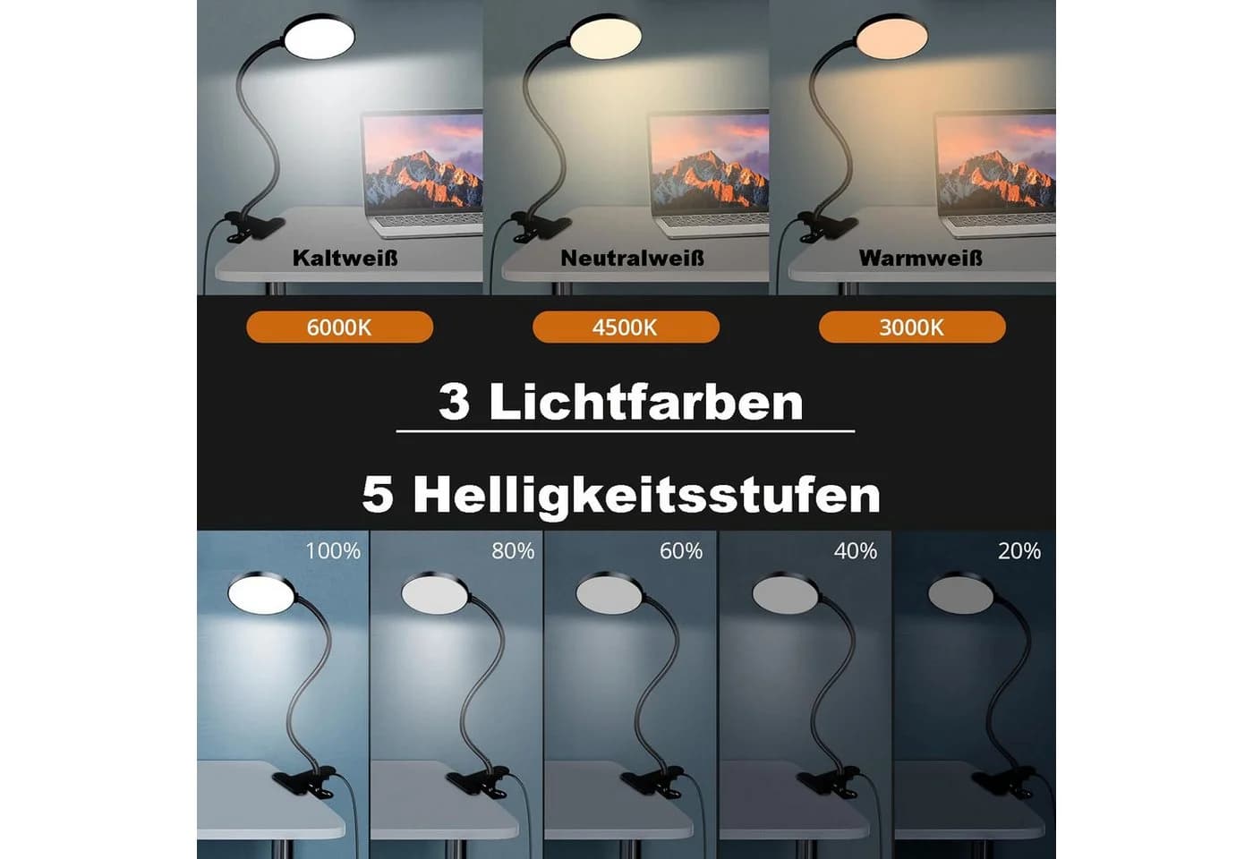 Rosnek LED Klemmleuchte Dimmbar 3 Lichtfarben Schwarz USB