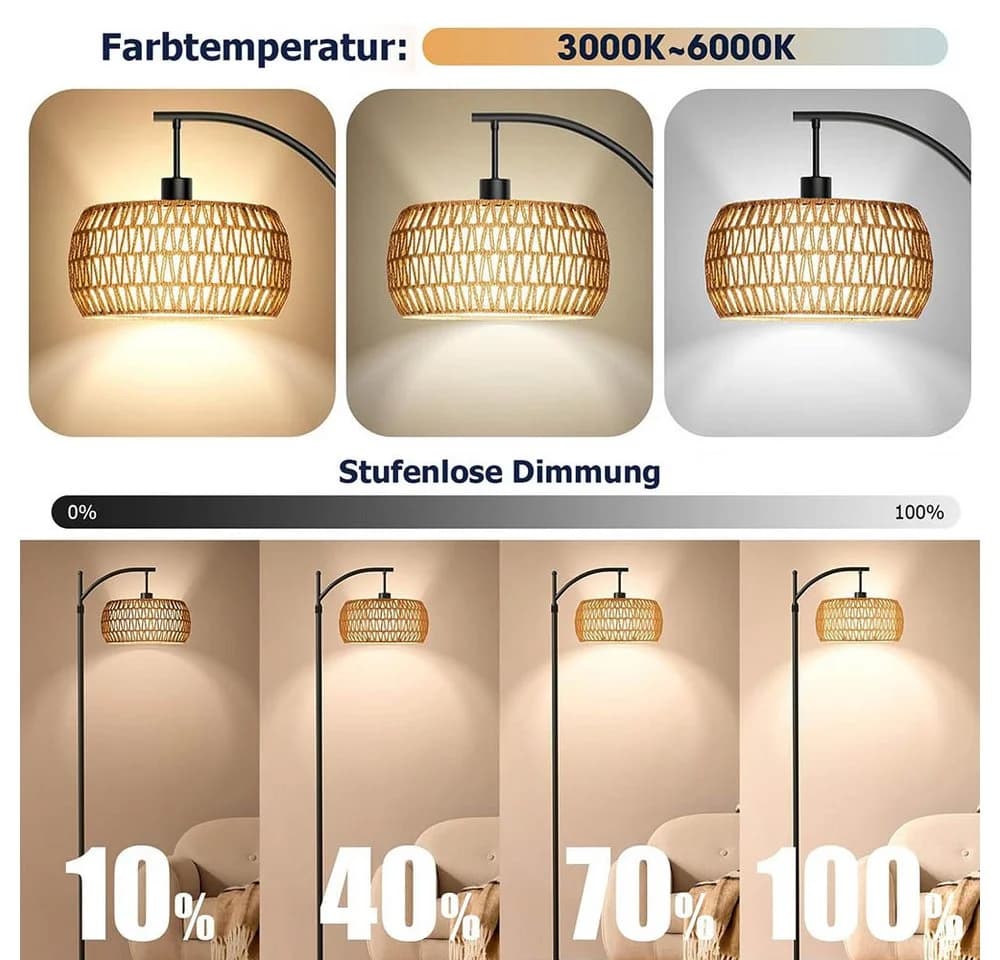 LMaxhome Stehlampe LED Bogenlampe Rattan Dimmbar Schwarz