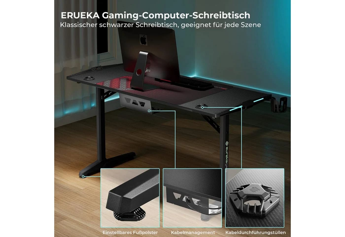 EE EUREKA ERGONOMIC Gamingtisch Schwarz mit LED, Kabelmanagement & Mauspad