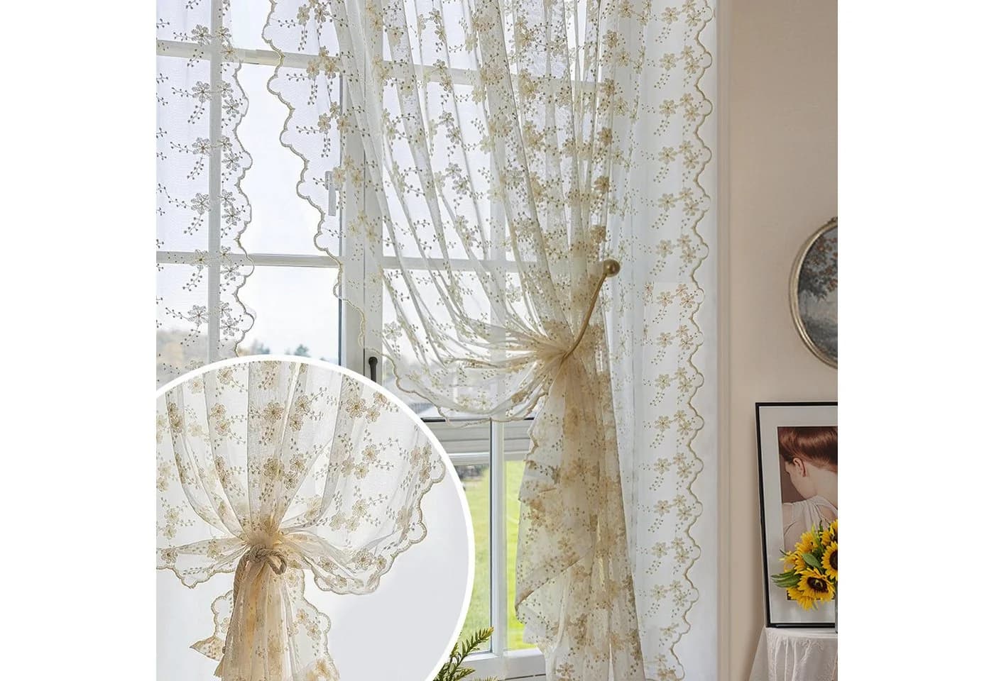 Qelus Voile Gardinen 2er Set Blumen Stickerei Landhausstil